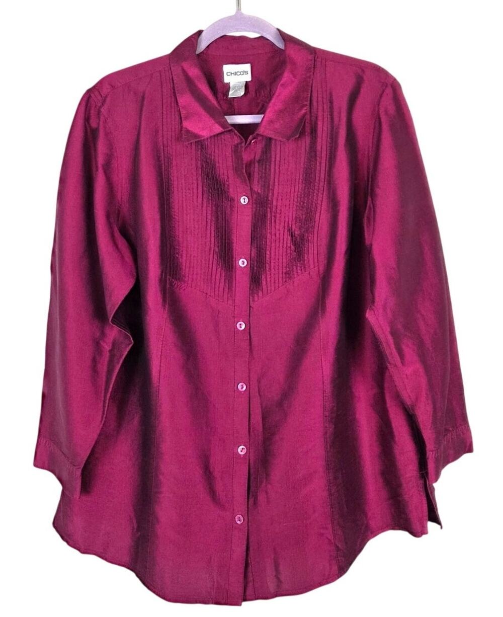 CHICOS 3 100% SILK Magenta Button Up Blouse Pleated Front Collared Womens XL